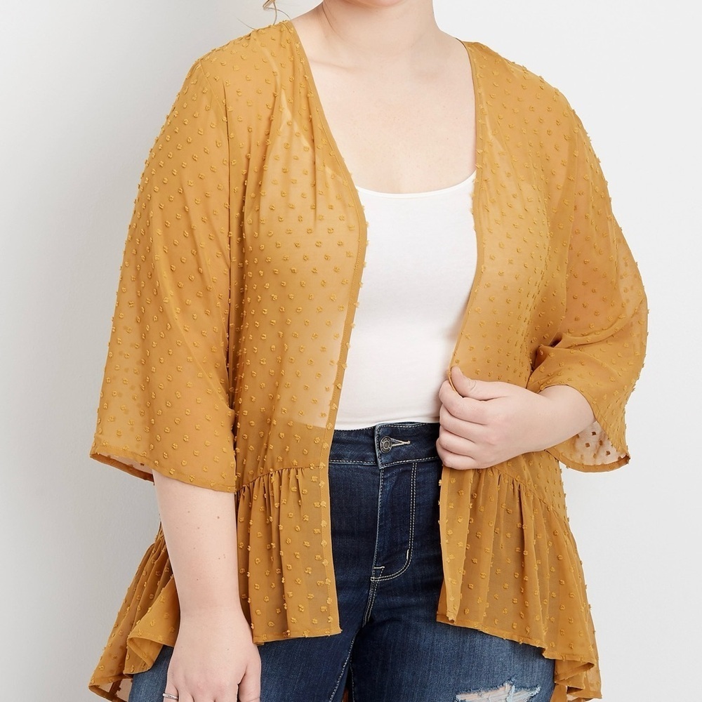 Maurices Clip Dot Kimono Mustard Yellow Ruffle Hem Open Front Small Women’s